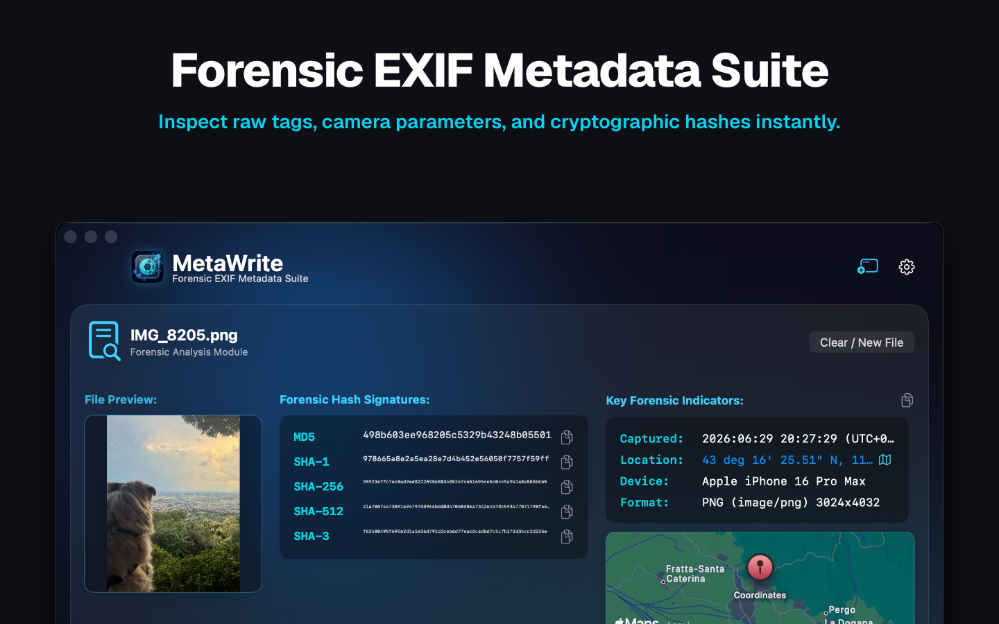MetaWrite forensic analysis window on macOS showing hash signatures, key forensic indicators, and a location map