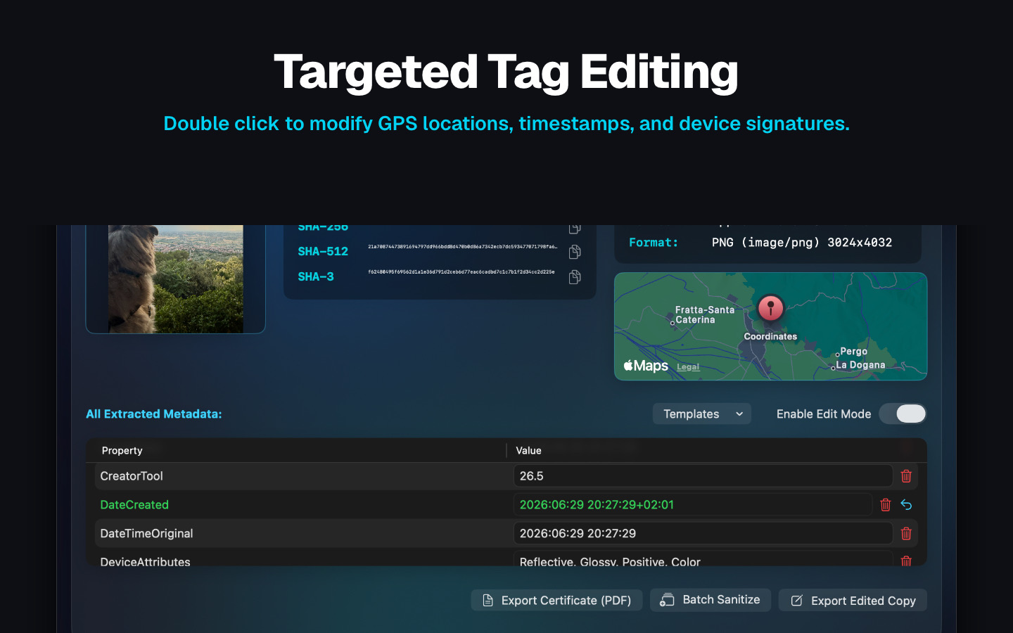 MetaWrite targeted tag editing: editable metadata fields, hash signatures, and a location map