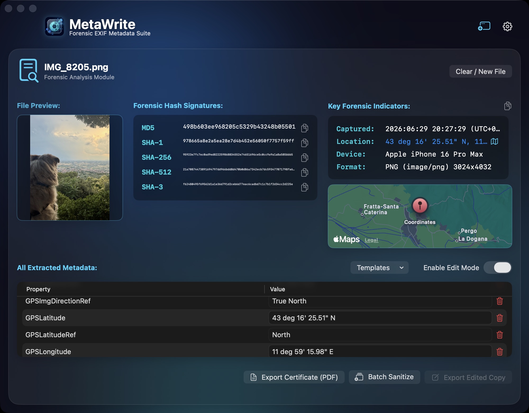 MetaWrite on macOS in Edit Mode: GPS latitude and longitude fields unlocked for rewriting, with hash signatures, key forensic indicators, and a location map