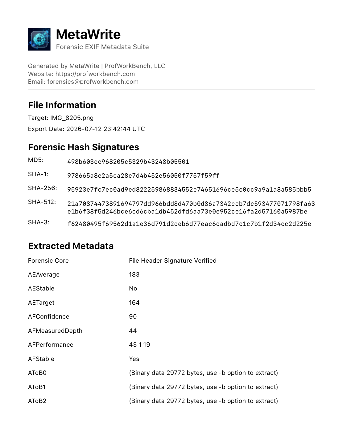 MetaWrite forensic PDF certificate showing file information and hash signatures